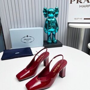 Prada Cherry Red Patent Slingback Block Heels